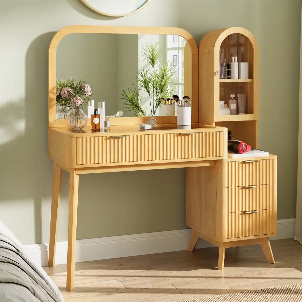 Natural Modern Glass-Topped Makeup Vanity Desk (48in), Stylish Luxury Drawer-Style Vanity Set with 32in Mirror, 4 Drawers, Storage Cabinet & Charging Station for Bedroom, Stylish Makeup Vanities, Luxury Makeup Vanities