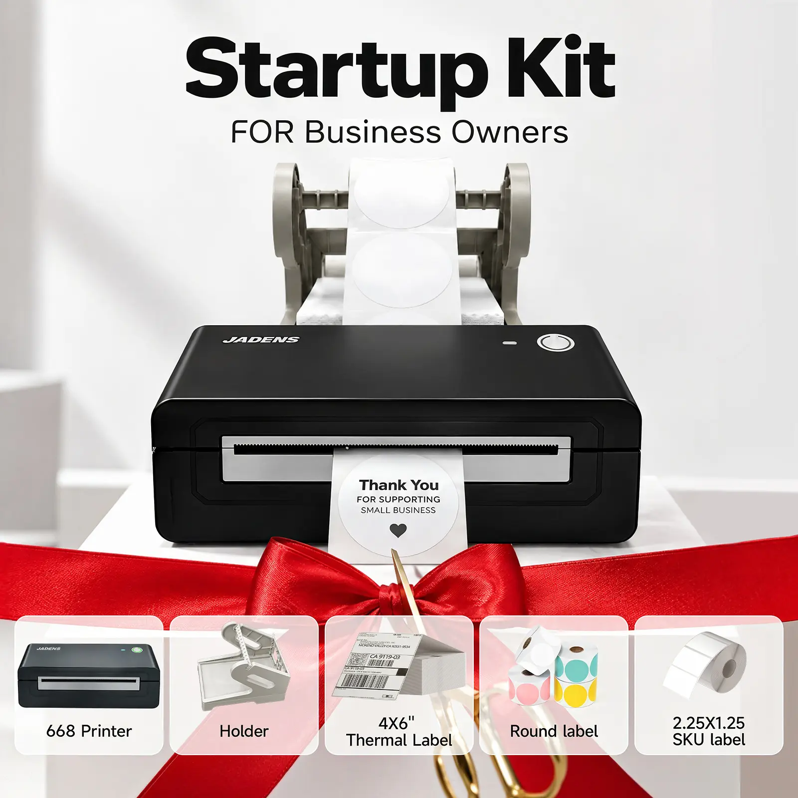 JADENS Starter Kit for Small Businesses and Online Retailers—thermal shipping label printer, 4x6" shipping labels, 2-inch round labels, 2.25x1.25 address labels, price tags, or Fnsku labels. Ideal for entrepreneurs and resellers.