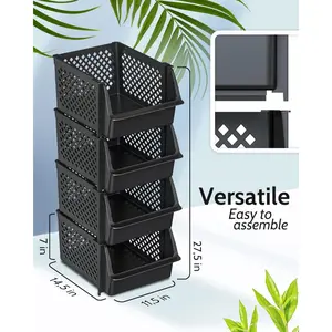 TidyFriend 4 Pack Stackable Open Front Storage Bins for Kitchen Pantry Food Organization Dorm Room Home Decluttering Black Plastic Storage Containers