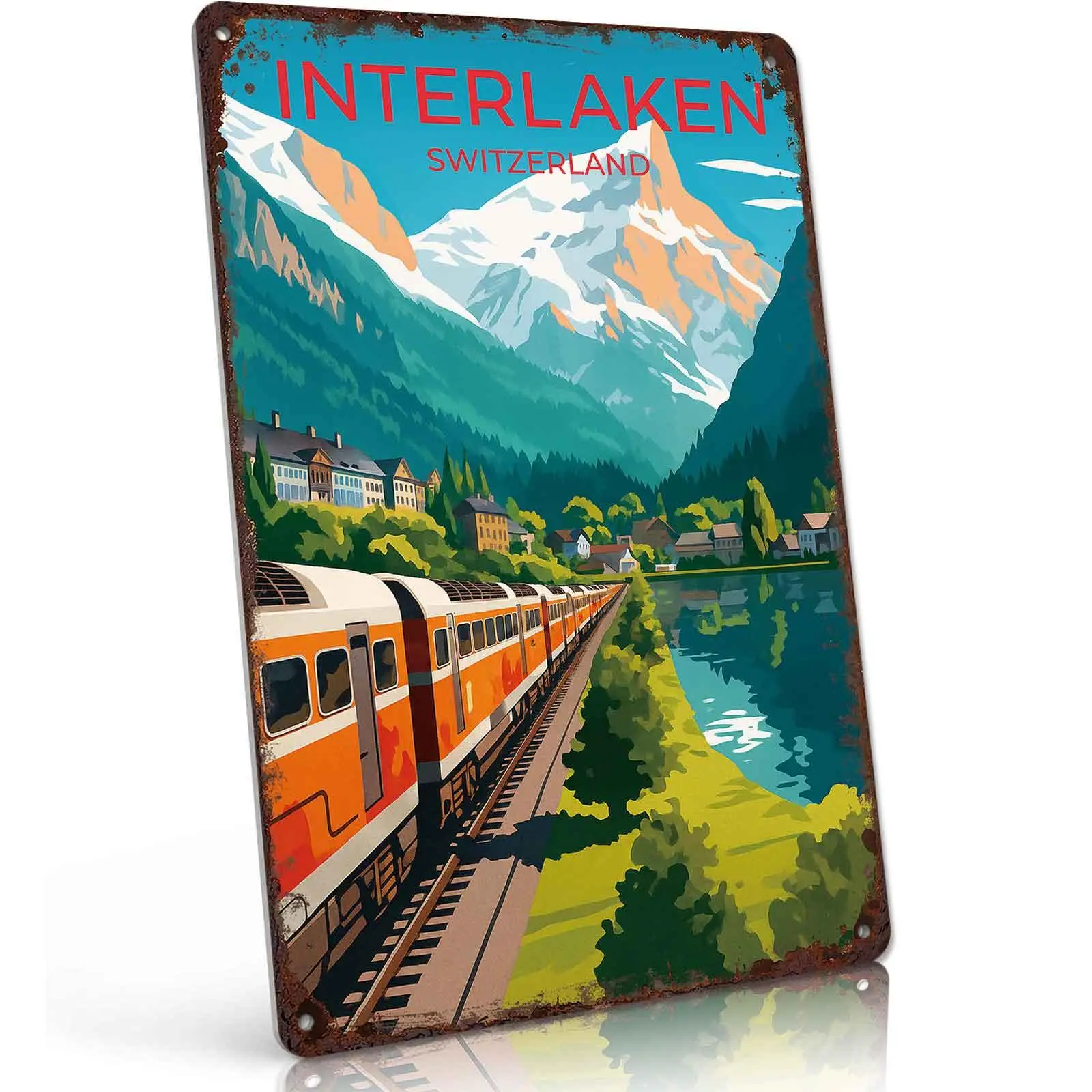 Interlaken Switzerland Travel Metal Tin Sign 8x12 Inch Vintage Mountain Train Retro Wall Decor for Home Bar Garage Man Cave Travel Lovers Gift
