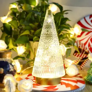 Charming Small Glass Christmas Tree with LED Lights 7.2" H x 4" D Gold Sparkling Xmas Tree for Table Top Centerpiece Mantel Window Home Decor