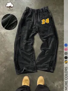 Men's Young Street Style, Minimalist Cotton Letter Patched Sweatpants With Loose Fit Wide Leg, Elastic Waist Knit Sports Pants, Weathered Cotton Fabric With Subtle Distressed Details, Casual Street-Inspired Style For Daily, Knit Athletic Pants