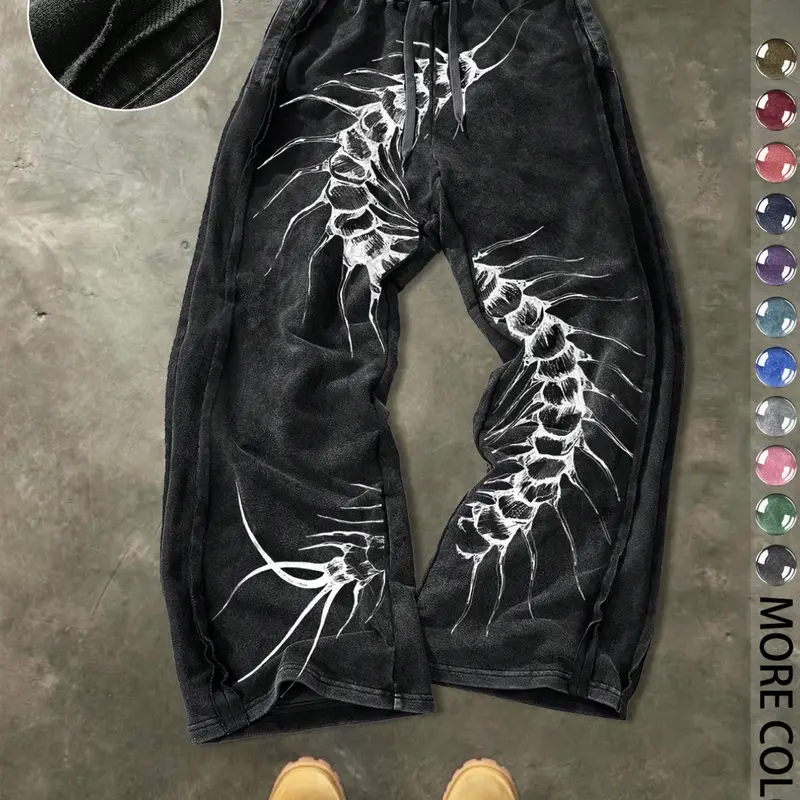 Men's Casual Loose Cotton Material Sport Pants, Dark Centipede Print, Drawstring Waist, Athleisure Design, Ankle Length, Ideal for All-Season Daily Wear, Athletic Casual Pants