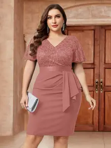 【Plus Size】Missmay P53260 Women's Plus Size Comfort Lace Contrast Elegant V Neck Butterfly Sleeve Wedding Guest Cocktail Party Bodycon Dress