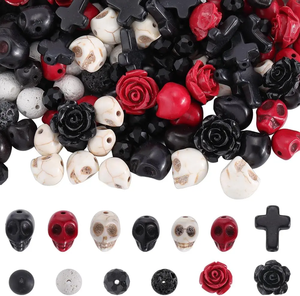 203Pcs Halloween Skull Beads Skeleton Charms Bulk Natural Lava Rock Synthetic Turquoise Black Stone Cross Flower Rose Spacer Beads for Jewelry Making Bracelets Necklaces DIY Crafts
