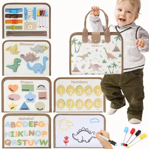 hahaland Dinosaur Theme Montessori Busy Board for Toddlers 2-4 Muted Color 6-in-1 Interactive Learning Toy with Alphabet Numbers Shapes Drawing Life Skills Play Travel-Friendly Gift