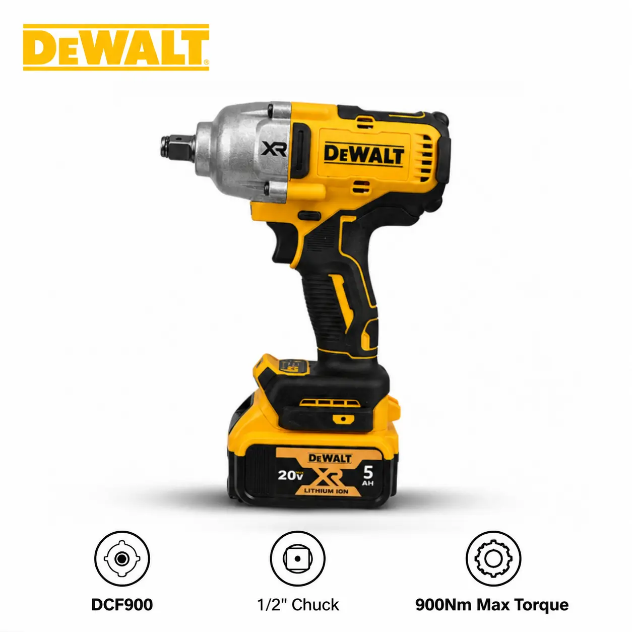 Dewalt DCF900 20V Max Brushless Impact Wrench, 760W Output, 1/2 Inch Friction Ring Chuck, 900Nm Torque, Multi Torque Settings, Delay Led Lamp, For Auto Wheel, Farm Machinery, Construction & Steel Structure Work