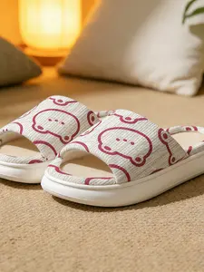 Simple Line Bear Home Slippers, Linen Breathable, Soft Cute Girl Daily Thick Sole Sandals, Comfortable Indoor Footwear for Women