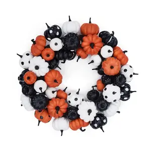 GAOMON Halloween Pumpkin Wreath, 18 Inch Fall Wreath for Front Door with Orange, Black and White Pumpkins, Rattan Bottom Thanksgiving Indoor Outdoor Home Party Decor
