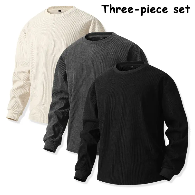3-Pack Men’s Ribbed Crew Neck Long Sleeve Shirts, Solid Color Loose Fit Basic Casual Long Sleeve Tops