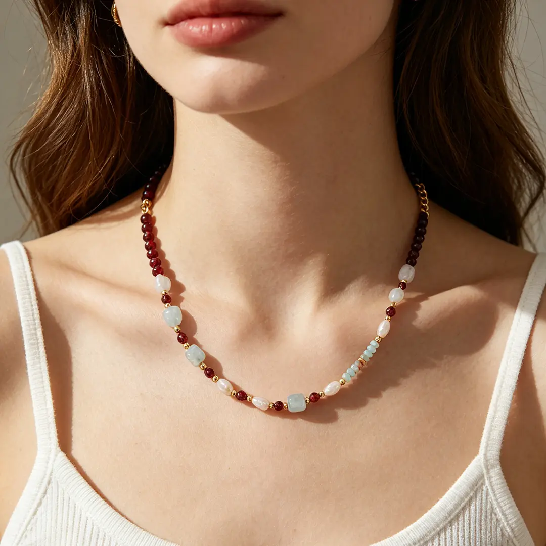 Natural stone beaded collarbone necklace, ocean-inspired layered necklace for beach vacations—an essential mood necklace for summer outfits
