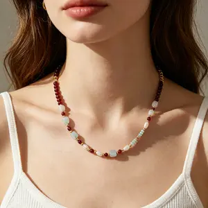 Natural stone beaded collarbone necklace, ocean-inspired layered necklace for beach vacations—an essential mood necklace for summer outfits