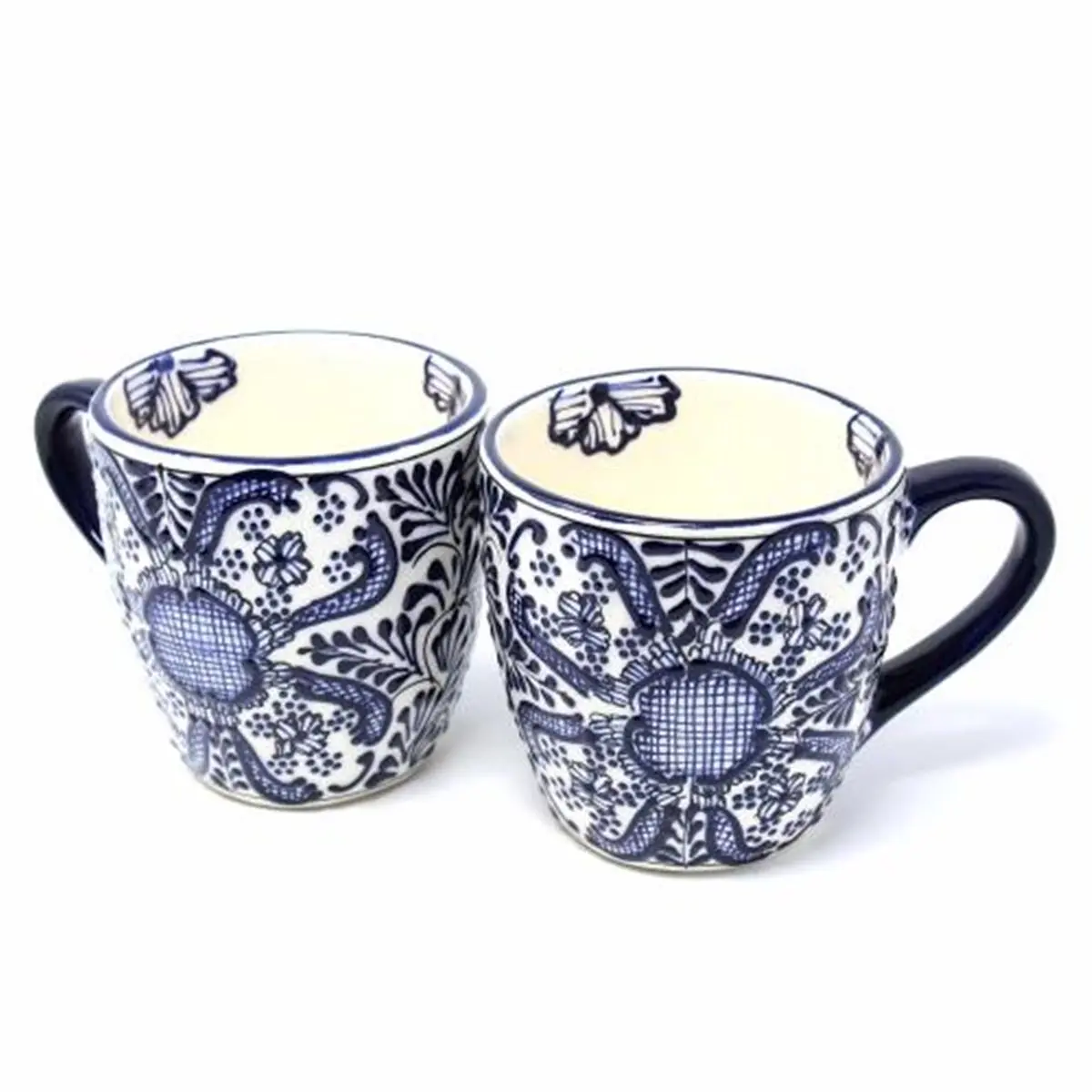 212 MAIN Set of 2 Mexican Hand-Painted Lead-Free Ceramic Coffee Mugs - Traditional Rounded Flower Dot Design, Textured, Durable, Heat-Resistant, Microwave-Safe, Dishwasher-Safe Reusable Artistic Ceramic Pottery Drinkware, Ceramic Drinkware