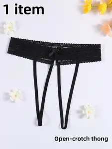 Sexy Lace Bow Thong Panties, Hollow Out Cutout Design, See-Through Slip-On Women's Underwear, No Tab Garter Belt Style