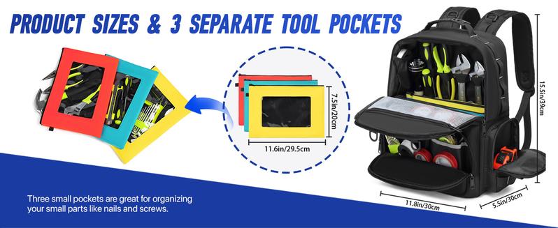 Tool Backpack Heavy Duty for Men - 3 Tool Pouches Work Tool Bag for Electrician Industrial Construction HVAC Techs Repairman, Large Space & Durable
