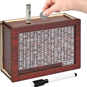 Piggy Bank Savings Challenge Box Wooden Money Saving Bank for Adults and Kids Reusable 10-Carat Goals Eco-Friendly Design Square Shape Wood Material Ideal for Savings Milestones and Decor Ornaments Durable