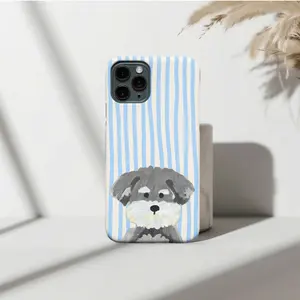 🐾 Cute Schnauzer Dog 🐶 Hand-Drawn Stripe Phone Case | Pastel Blue & White Aesthetic | For IP Phone 17, 16, 15 Pro Max, 14, 13, 12, 11, X Series
