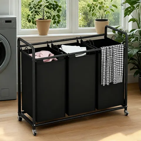 SUOERNUO High-Capacity Rectangular 3-Bag Wheeled Clothes Hamper Organizer (240L) - Heavy-Duty Lockable Wheels, Detachable Storage Bags, Sturdy Fabric, Freestanding, Metal Handles, Home Tidy & Organized for Bedroom, Kid Room