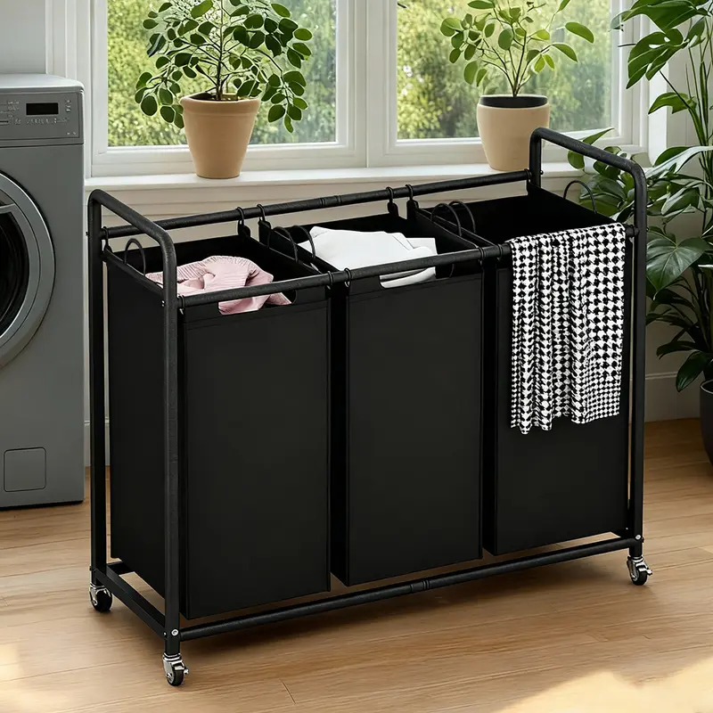 SUOERNUO High-Capacity Rectangular 3-Bag Wheeled Clothes Hamper Organizer (240L) - Heavy-Duty Lockable Wheels, Detachable Storage Bags, Sturdy Fabric, Freestanding, Metal Handles, Home Tidy & Organized for Bedroom, Kid Room