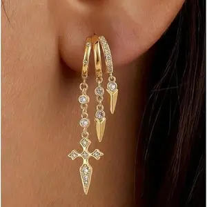 FREEKISS Gold Triple C-Shaped CZ Hoop Earrings with Double Layer Cross Dangle Stud Earrings for Women Valentine's Day Gift