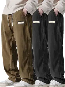3-Pack Men's Loose Chenille Casual Pants, Drawstring Elastic Waist Straight-Leg Ankle-Length Long Pants, Multi-Color Options