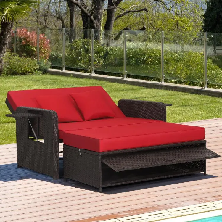 Spaco Outdoor Rattan Lounge Daybed Furniture Set - Wicker Loveseat Sofa with Multipurpose Ottoman, Retractable Side Tray, 4-Level Adjustable Backrest, Storage Footstool, Included Seat & Back Cushions for Patio, Deck, Heavy-Duty Structure Outdoor Furniture