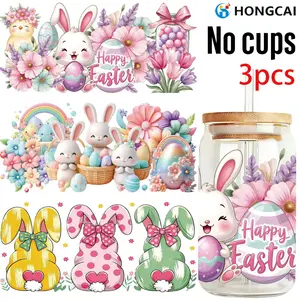 3pcs Easter Bunny Egg UV DTF Stickers, Fits 16 Oz Cup, Waterproof Scratch-Resistant, Suitable for Glass Cups & Phone Cases, DIY Decoration, Decorative Stickers