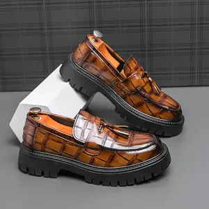 Men's PU Upper Slip-On Platform Loafers - Non-Slip Rubber Sole, Cushioned Insole - Business Formal & Casual Dress Shoes for Wedding, Office - Brown All-Season Footwear