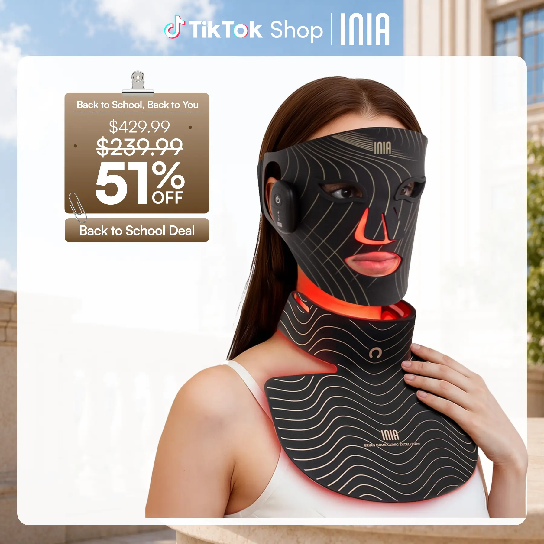 INIA GLOW Wireless Red Light Face & Neck & Chest Mask Bundle – 630nm & 850nm Red Light Therapy Mask Devices | Skincare Set for Lifting, Firming & Radiant Glow at Home, Rechargeable & Portable with 2-Year Warranty,back to school,back to school haul