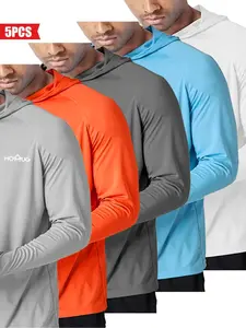 5PCS Men's Loose Letter Print Long Sleeve Hooded Rashguard, Quick Dry Sport Shirt, Lightweight Sun Protection Thumb Holes Top for Outdoor Activities, Workout Tops, Men's Sport & Outdoor Clothing for Fall & Winter, Gym Clothing