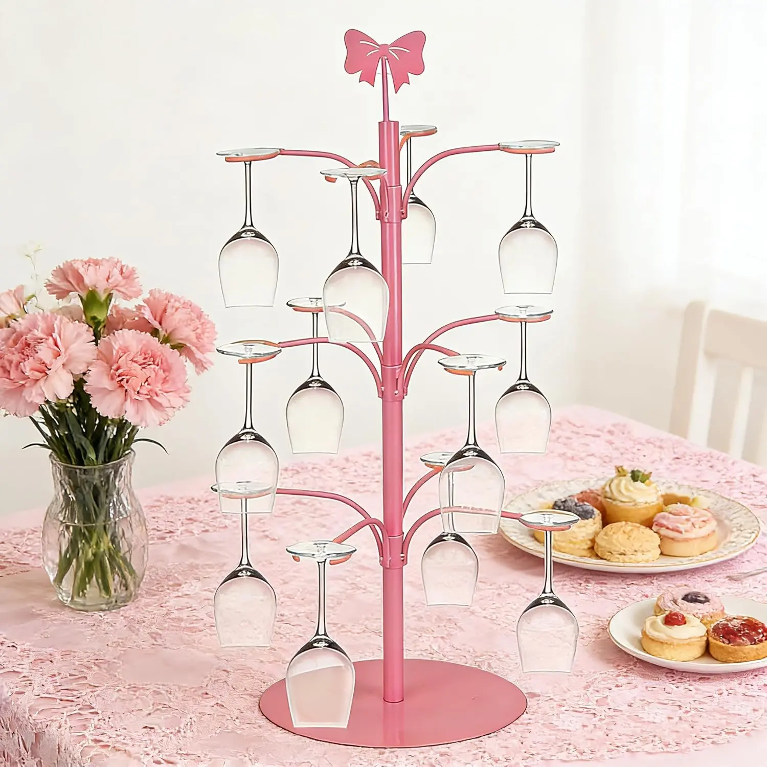 3-Tier Round Sturdy Cocktail Tree Stand, 12-Holder Bar Utensils Wine Glass Holder with Bow Topper, Party Decor for Champagne, Home Display Use, Branch Holder