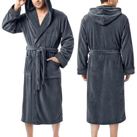 NY Threads Men's Classic Belted Cosy Home Fluffy Soft Coral Fleece Hooded Robe - Plain Stylish Menswear Loungewear, Long Sleeves, Pockets, Waist Belt, Larger Sizes, Ideal Father's Day Gift