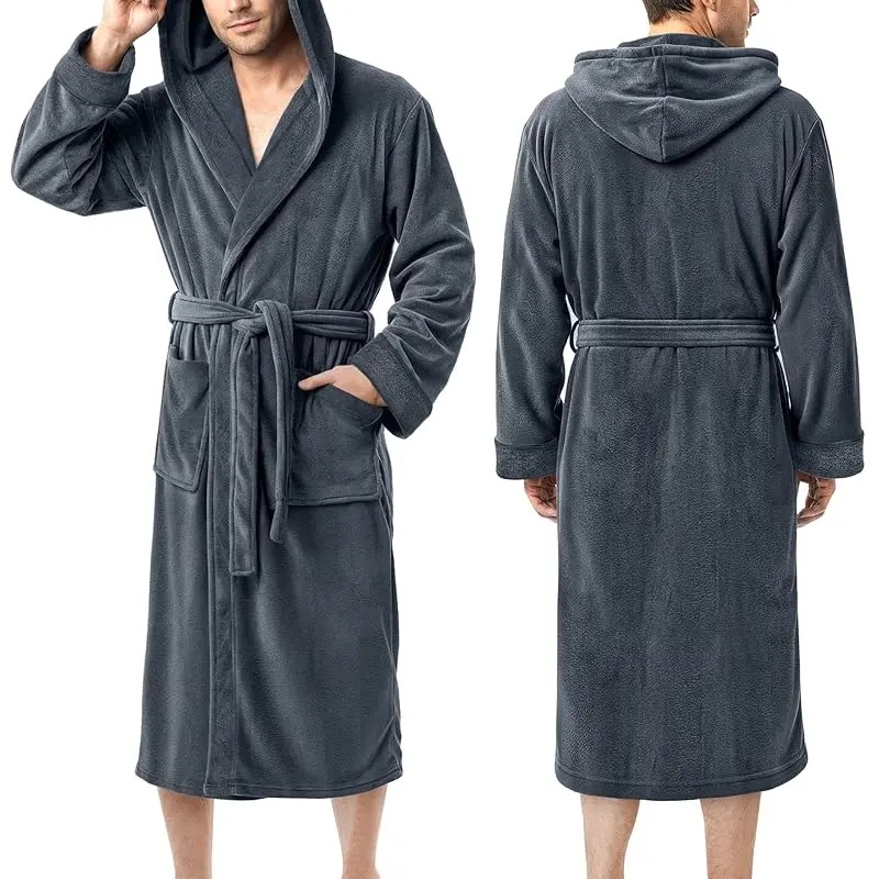 NY Threads Men's Classic Belted Cosy Home Fluffy Soft Coral Fleece Hooded Robe - Plain Stylish Menswear Loungewear, Long Sleeves, Pockets, Waist Belt, Larger Sizes, Ideal Father's Day Gift