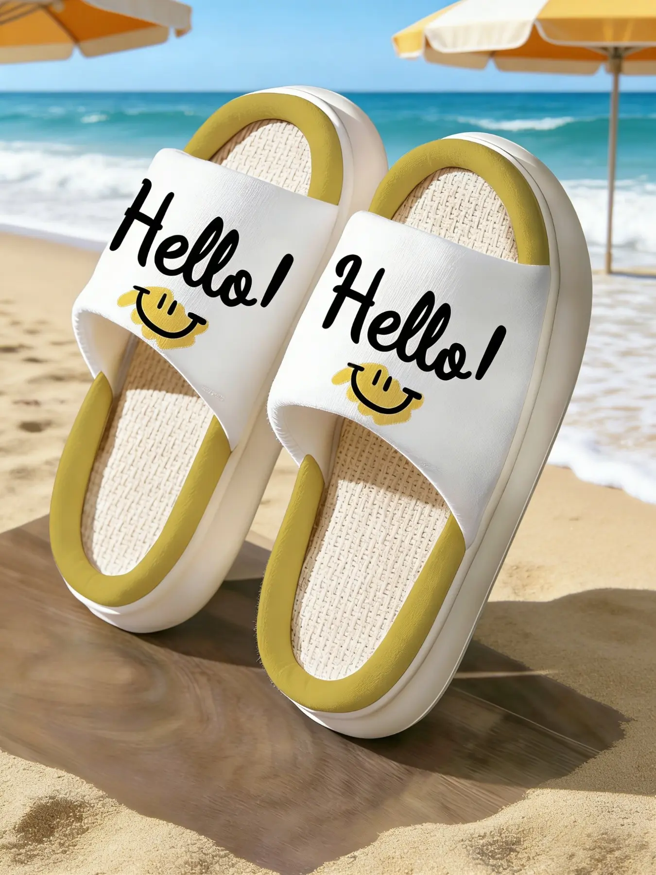 Colorblock Hello Smiley Home Slippers, Waffle Linen Breathable, Energizing Healing Daily Thick Sole Sandals