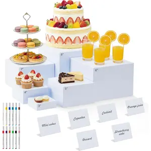 Nestable Buffet Risers - 6 count White   Risers with Signs & Markers - Sturdy Dessert Table Display Stands for Parties, Catering,  & Collectibles (Easy-Store Stackable Cubes: 8", 7", 6", 5", 4", 3")