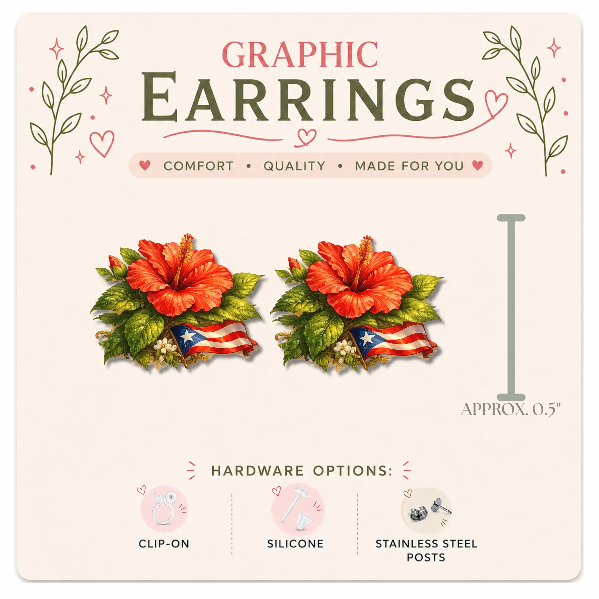 Puerto Rico Hibiscus Stud Earrings, Flor de Maga Earrings, Puerto Rican Floral Jewelry, Resin Sealed Lightweight Studs