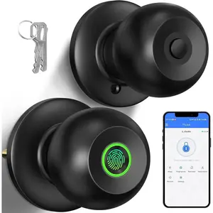 Fingerprint Door Knob with Lock,  Lock for Bedroom Door, Biometric Door Lock with App Control & Key, Thumbprint Keyless Entry Door Lock for Front Door, , Apartment, Office, Matte Black