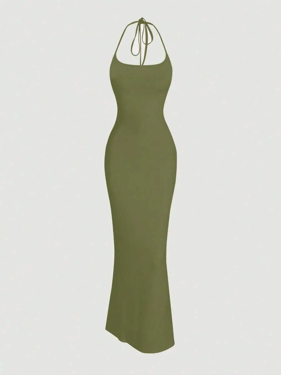 Sweetra Elegant Solid Color Backless Halter Dress With Fishtail