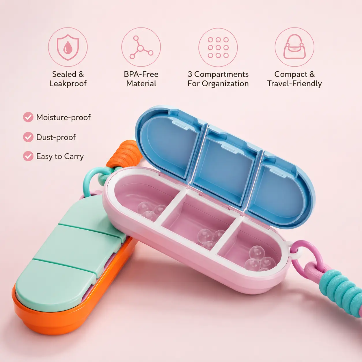 Portable Sealed Moisture-Proof Pill Case, Slim Body, Compact Fit, 3 Compartments with Divided Slots & 3 Sections, Silicone Seal, Lanyard for Daily Travel & Outdoor Medicine Storage (1 Count)