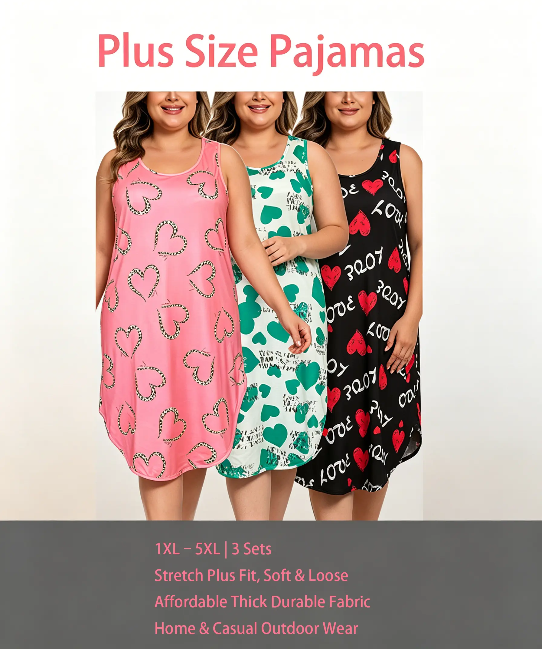 【Flash Sale】Plus Size 3-Pack Print Sleeveless Nightgowns | Comfy Tank Loungewear Sleep Dress 1XL-5XL