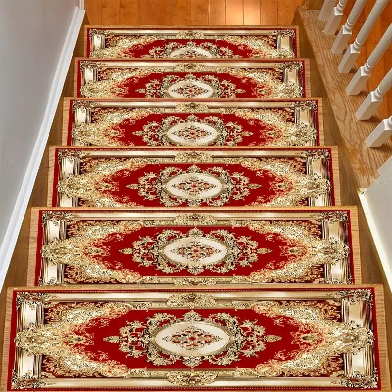 [HarleyLand]15pcs Retro Gold-Patterned Red Stair Mat, Soft And Durable, Machine Washable And Easy to Clean, Lightweight And Comfortable with Non-Slip Backing, Suitable for Stairways, Kitchens, Living Rooms, Bedrooms, Indoor Use, Bathrooms