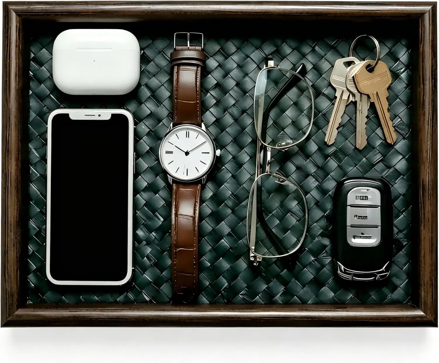 Wooden Valet Tray with Leather Base - EDC Catchall Tray for Men | Nightstand, Entryway, Desk United Organizer for Cologne, Phone, Keys, Sunglasses, Jewelry, Cosmetics& Dresser