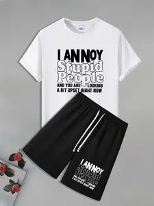 Men's Letter Print Short Sleeve T-Shirt & Shorts Two-Piece Set, Casual Round Neck Tee & Shorts, Summer Clothes Set for Men