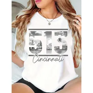 Women's 513 Cincinnati City Skyline Graphic T-Shirt, Casual White Tee for Cincinnati Lovers, Daily Streetwear 100% Cotton T-shirt
