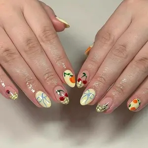 A22 Cute Fruit Mix Press-On Nails, Strawberry, Cherry and Gingham Design, Playful Kawaii Style, Everyday Nails, Gift for Her