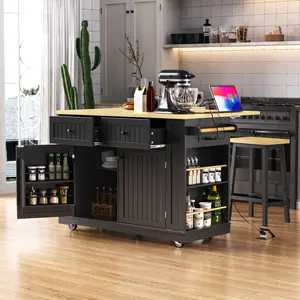 ARCH 48 inch Kitchen Island with Drop Leaf,Power Outlet,Internal Storage Rack,Rolling Kitchen Storage Cart on 5 Wheels with 5 Open Side Racks,for Kitchen,Black (Old SKU N707P257057B)(Not Include Stools)
