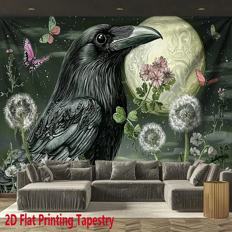Gothic Horizontal Tapestry Wall Hanging - 1pc Moon Raven, Butterfly, Black Bird & Floral Fantasy Night Sky Design, Bohemian Home Decor with Mat, Peach Accent for Photo Backdrop, Bedroom Gift