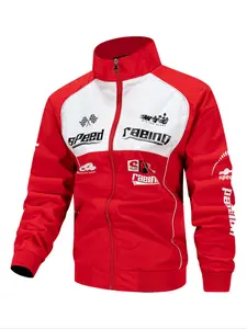 Men's Trendy Racing Jacket with Fashion Stripes and Motorcycle Print, Casual Outerwear for Daily Wear in Fall & Winter