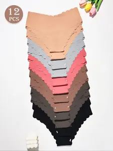 12-Pack Seamless Women's Underwear Set, Breathable Quick-Dry Nylon Blend Fabric, Wave Fan Edge Design, Yoga Fitness Dance Comfort Fit, Seamless Panties