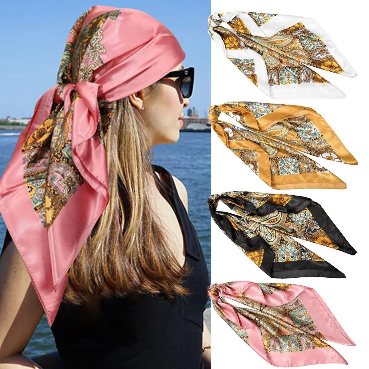 AWAYTR Women's 4-Piece Paisley Print Square Scarf Set - Reusable Bandana-Style Assorted Colored Head/Neck Accessory, 35x35in Silky Satin Item for Engagement, Ceremony, All-Seasons Outfit Matching
